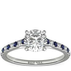 14k 白金Riviera 微密釘藍寶石與鑽石訂婚戒指